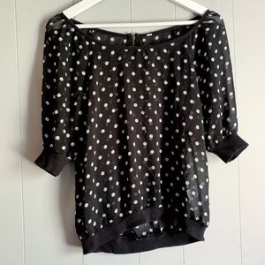 Black & White Polkadot Wide Neck Sheer Blouse S